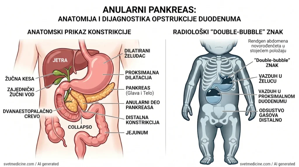 Ilustracija anularnog pankreasa koji uzrokuje opstrukciju duodenuma i radiološki prikaz 'double-bubble' znaka.