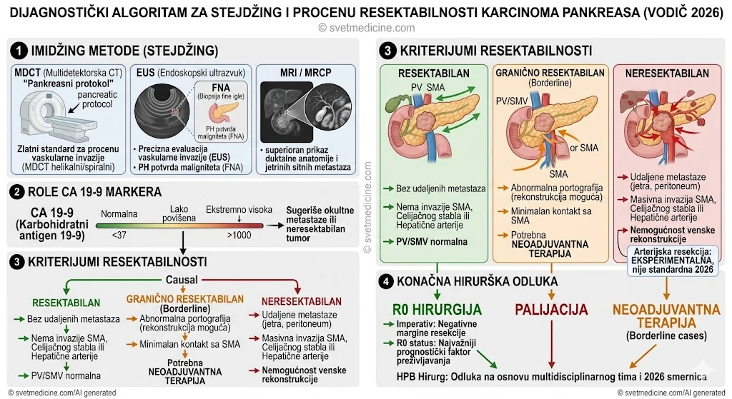 Dijagnostički algoritam za stejdžing i procenu resektabilnosti karcinoma pankreasa. Uloga MDCT-a, EUS-a, CA 19-9 i kriterijumi selekcije (resekabilan, granični, neresektabilan). Autor: dr Marko Bogdanović, svetmedicine.com.