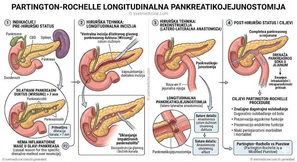 Hirurška tehnika drenaže pankreasa: Partington-Rochelle longitudinalna pankreatikojejunostomija.