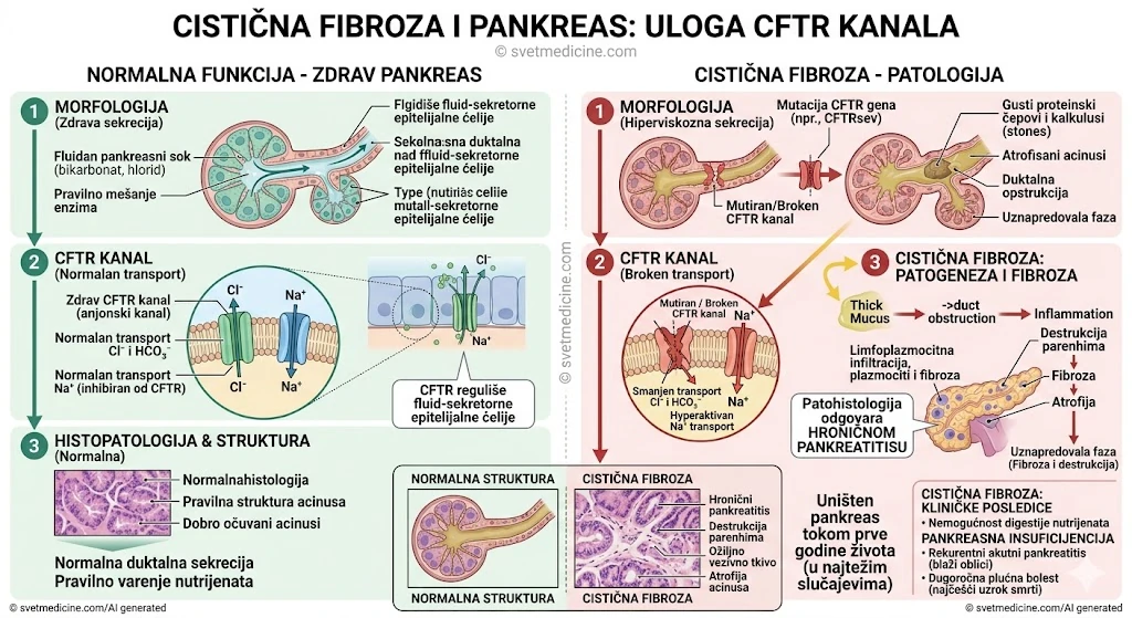 Grafički prikaz uloge CFTR kanala u pankreasu i mehanizam nastanka fibroze kod cistične fibroze.