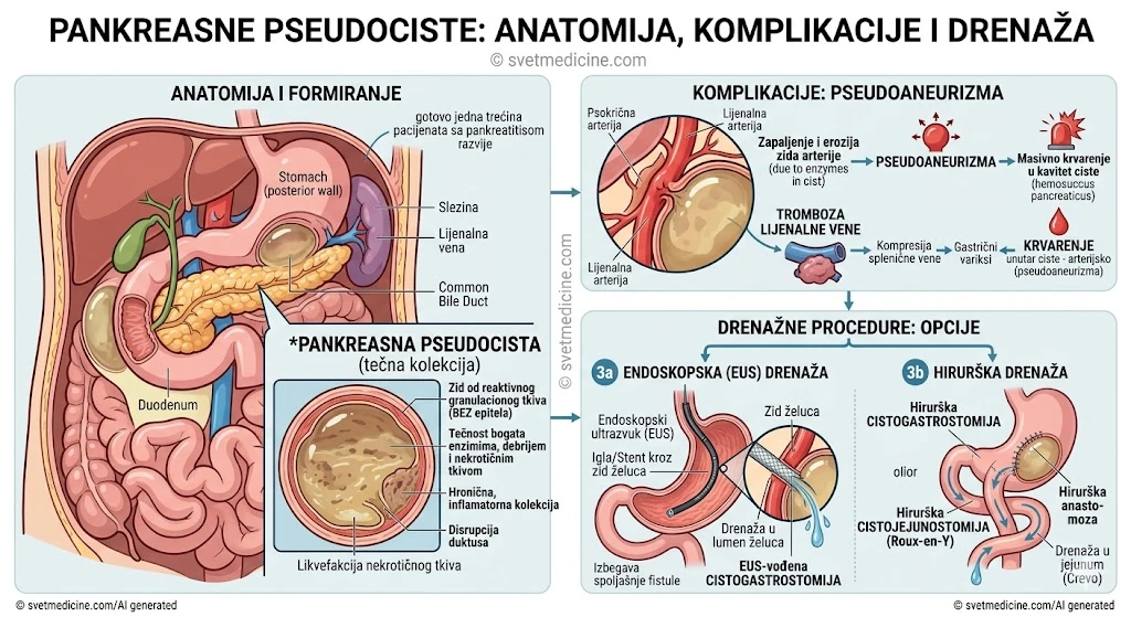 Anatomski prikaz pankreasne pseudociste, mehanizam pseudoaneurizme i opcije za endoskopsku i hiruršku drenažu.