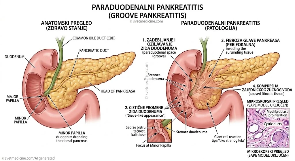 Grafički prikaz paraduodenalnog (Groove) pankreatitisa: stenoza duodenuma, cistične distrofije zida duodenuma i ožiljavanje u regiji papile minor