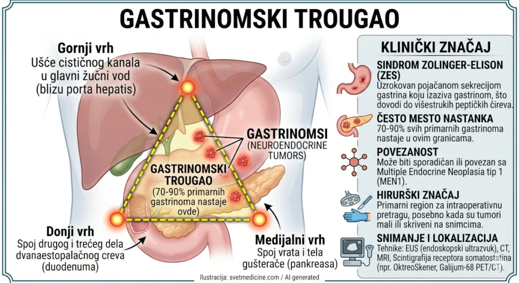 Infografik gastrinomskog trougla (Passarov trougao) sa anatomskim markerima i kliničkim značajem za Zollinger-Ellison sindrom.