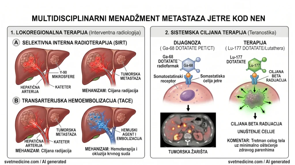 Detaljan dijagram terapijskih opcija za metastaze jetre kod neuroendokrinih neoplazama uključujući hirurgiju, SIRT, TACE i PRRT.