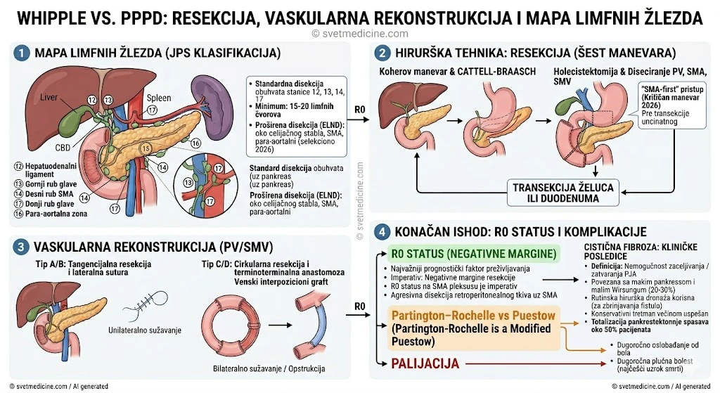Detaljan prikaz Whipple-ove operacije: koraci resekcije, vaskularna rekonstrukcija PV/SMV i mapa limfnih grupa prema JPS klasifikaciji. Autor: dr Marko Bogdanović, svetmedicine.com.
